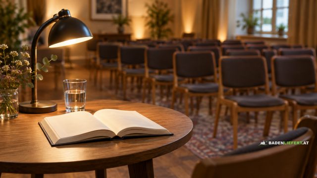 Symbolbild: Lesetisch mit Lampe, Wasserglas und aufgeschlagenem Buch vor Stuhlreihen