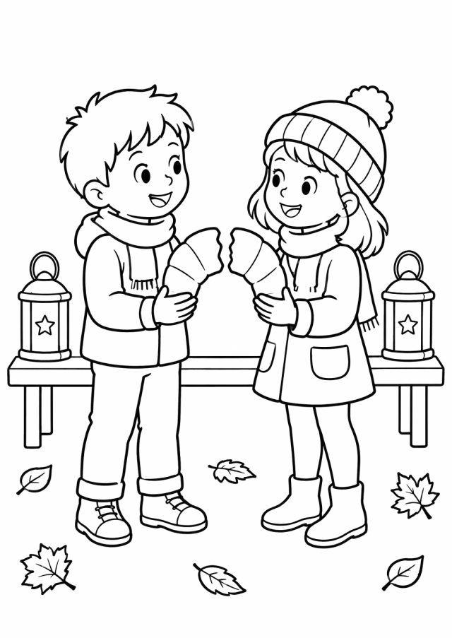 Ausmalbild: ein Bub und ein Mädchen teilen ein Kipferl, jedes hält eine Hälfte, hinter ihnen auf einer Bank zwei Laternen, am Boden Herbstlaub