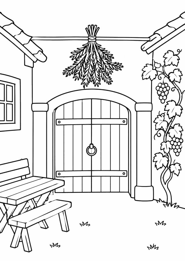 Ausmalbild: ein großes Holztor mit Rundbogen in einer Hausmauer, darüber hängt an einer Stange ein gebundener Buschen aus Föhrenzweigen, rechts eine Weinrebe mit Trauben, links ein Fenster und ein Holztisch mit Bank