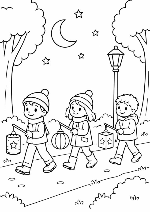 Ausmalbild: drei Kinder mit Hauben tragen eine Stern-, eine runde und eine eckige Laterne auf einem Parkweg zwischen großen Bäumen, daneben eine Parklaterne, oben Mond und Sterne